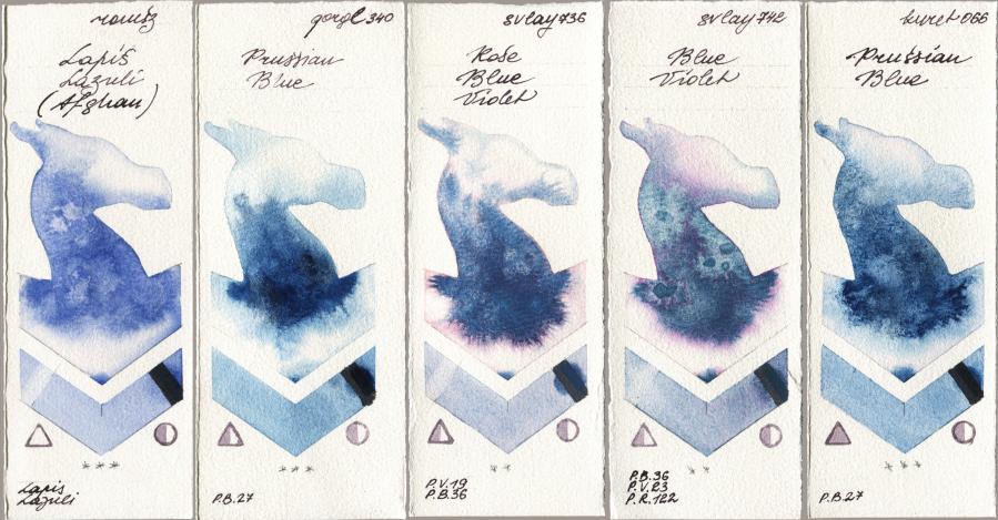 Roman Szmal Aquarius 999 Lapis Lazuli Afghan vs Golden QOR 340 Prussian Blue vs SuperVision 736 Rose Blue Violet vs 742 Blue Violet vs Kuretake Gansai Tambi 066 Prussian Blue watercolor swatch