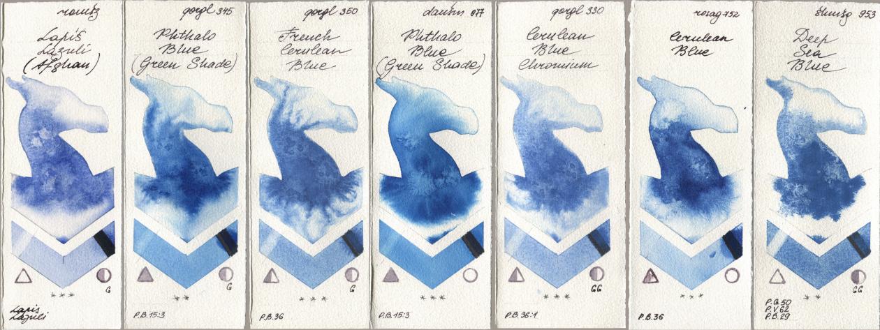 Roman Szmal Aquarius 999 Lapis Lazuli Afghan, Golden QOR 345 Phthalo Blue (Green Shade), 350 French Cerulean Blue, Daniel Smith 077 Phthalo Blue (Green Shade), 330 Cerulean Blue, Chromium, Rosa Gallery 752 Cerulean Blue, Shminke Horadam Aquarell 953 Deep Sea Bl watercolor swatch