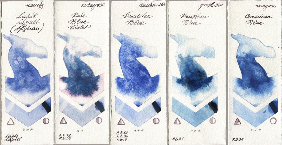 Roman Szmal Aquarius 999 Lapis Lazuli Afghan vs SuperVision 736 Rose Blue Violet vs Daniel Smith 173 Verditer Blue vs Golden QOR 340 Prussian Blue vs Rosa Gallery 752 Cerulean Blue watercolor swatch