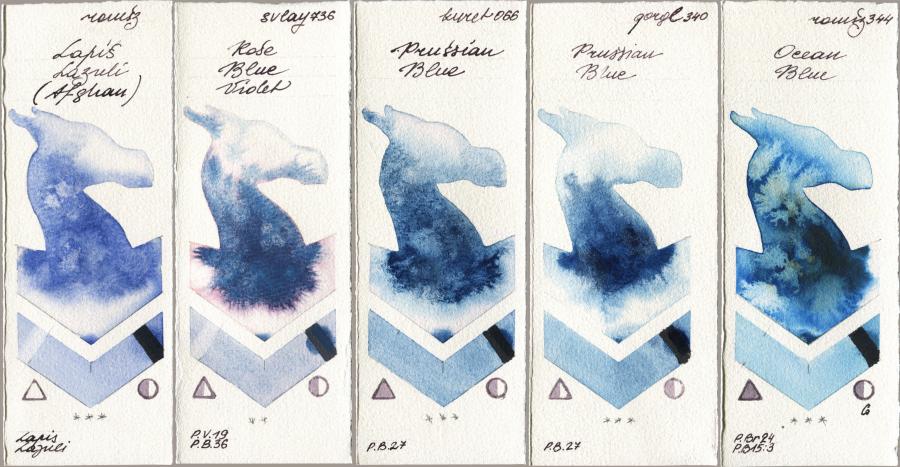 Roman Szmal Aquarius 999 Lapis Lazuli Afghan vs SuperVision 736 Rose Blue Violet vs Kuretake Gansai Tambi 066 Prussian Blue vs Golden QOR 340 Prussian Blue vs 344 Ocean Blue watercolor swatch