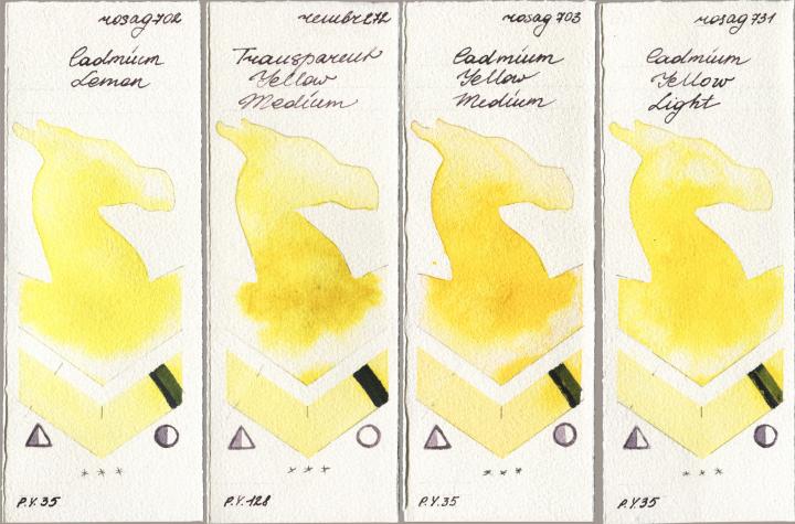 Rosa Gallery 702 Cadmium Lemon, Royal Talens Rembrandt Watercolour 272 Transparent Yellow Medium, 703 Cadmium Yellow Medium, 731 Cadmium Yellow Lig watercolor swatch