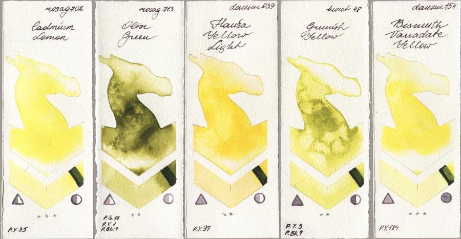 Rosa Gallery 702 Cadmium Lemon vs 713 Olive Green vs Daniel Smith 039 Hansa Yellow Light vs Kuretake Gansai Tambi 048 Greenish Yellow vs 154 Bismuth Vanadate Yellow watercolor swatch