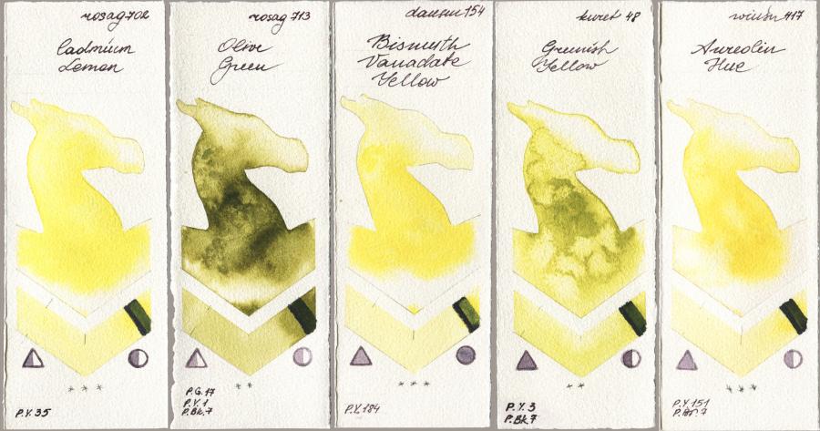 Rosa Gallery 702 Cadmium Lemon vs 713 Olive Green vs Daniel Smith 154 Bismuth Vanadate Yellow vs Kuretake Gansai Tambi 048 Greenish Yellow vs Winsor & Newton Professional 417 Aureolin Hue watercolor swatch