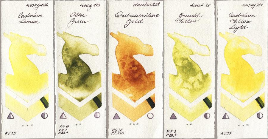 Rosa Gallery 702 Cadmium Lemon vs 713 Olive Green vs Daniel Smith 238 Quinacridone Gold vs Kuretake Gansai Tambi 048 Greenish Yellow vs 731 Cadmium Yellow Light watercolor swatch