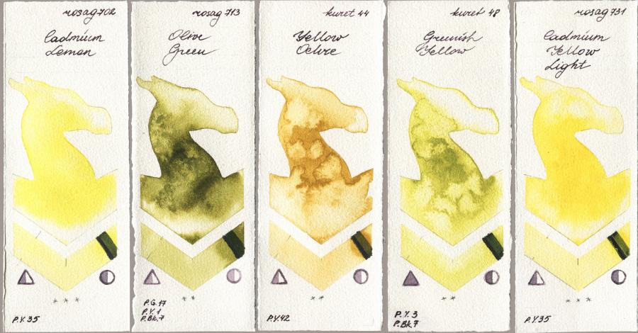 Rosa Gallery 702 Cadmium Lemon vs 713 Olive Green vs Kuretake Gansai Tambi 044 Yellow Ochre vs 048 Greenish Yellow vs 731 Cadmium Yellow Light watercolor swatch