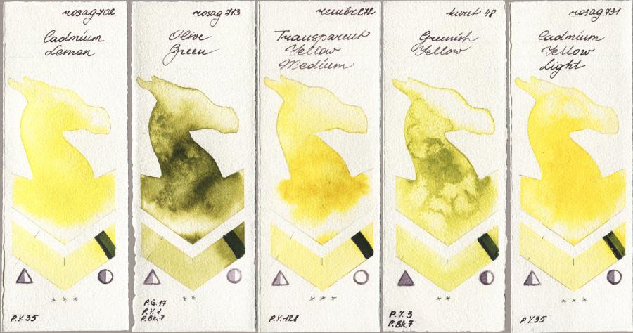 Rosa Gallery 702 Cadmium Lemon vs 713 Olive Green vs Royal Talens Rembrandt Watercolour 272 Transparent Yellow Medium vs Kuretake Gansai Tambi 048 Greenish Yellow vs 731 Cadmium Yellow Light watercolor swatch