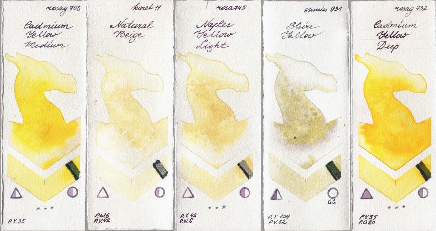 Rosa Gallery 703 Cadmium Yellow Medium vs Kuretake Gansai Tambi 11 Natural Beige vs 745 Naples Yellow Light vs Shminke Horadam Aquarell 931 Shire Yellow vs 732 Cadmium Yellow Deep watercolor swatch