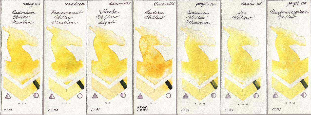 Rosa Gallery 703 Cadmium Yellow Medium, Royal Talens Rembrandt Watercolour 272 Transparent Yellow Medium, Daniel Smith 039 Hansa Yellow Light, Shminke Horadam Aquarell 220 Indian Yellow, Golden QOR 130 Cadmium Yellow Medium, 215 Azo Yellow, 126 Benzimidazolone Yell watercolor swatch