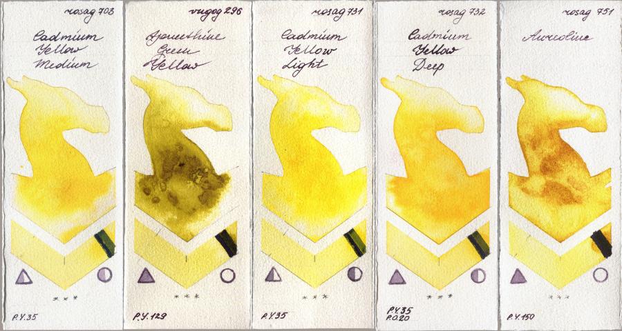 Rosa Gallery 703 Cadmium Yellow Medium vs Royal Talens Van Gogh Watercolour 296 Azomethine Green Yellow vs 731 Cadmium Yellow Light vs 732 Cadmium Yellow Deep vs 751 Aureoline watercolor swatch