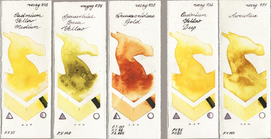 Rosa Gallery 703 Cadmium Yellow Medium vs Royal Talens Van Gogh Watercolour 296 Azomethine Green Yellow vs 735 Quinacridone Gold vs 732 Cadmium Yellow Deep vs 751 Aureoline watercolor swatch