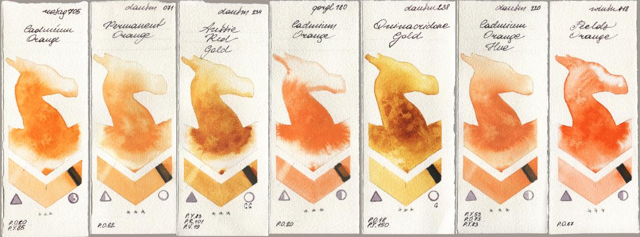 Rosa Gallery 705 Cadmium Orange, Daniel Smith 071 Permanent Orange, 234 Aussie Red Gold, Golden QOR 180 Cadmium Orange, 238 Quinacridone Gold, 220 Cadmium Orange Hue, Winsor & Newton Professional 418 Fields Oran watercolor swatch