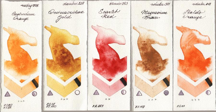 Rosa Gallery 705 Cadmium Orange vs Daniel Smith 238 Quinacridone Gold vs Shminke Horadam Aquarell 363 Scarlet Red vs Winsor & Newton Professional 381 Magnesuim Brown vs 418 Fields Orange watercolor swatch