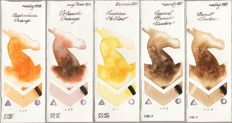 Rosa Gallery 705 Cadmium Orange vs Mijello Mission Gold 844 Island Orange vs Shminke Horadam Aquarell 220 Indian Yellow vs Roman Szmal Aquarius 128 Cyprus Burnt Umber vs 746 Burnt Umber watercolor swatch