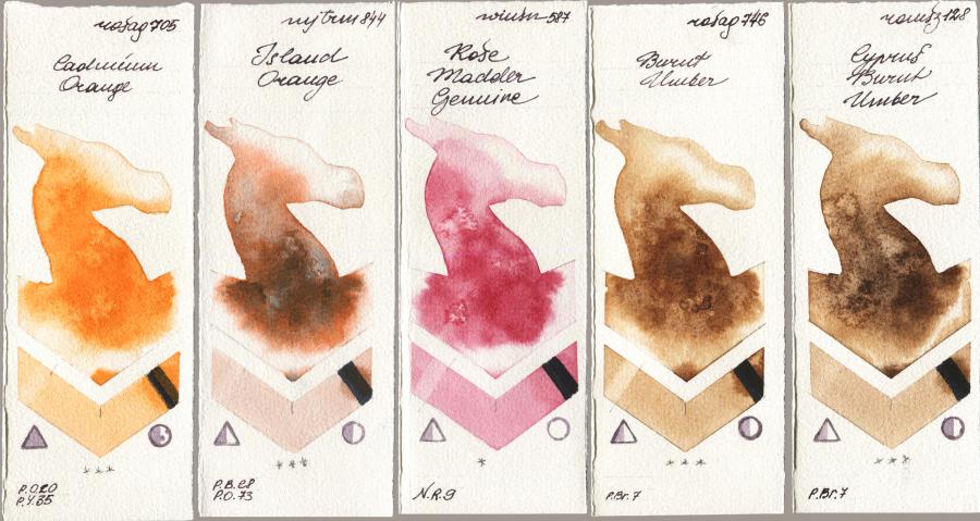 Rosa Gallery 705 Cadmium Orange vs Mijello Mission Gold 844 Island Orange vs Winsor & Newton Professional 587 Rose Madder Genuine vs 746 Burnt Umber vs Roman Szmal Aquarius 128 Cyprus Burnt Umber watercolor swatch