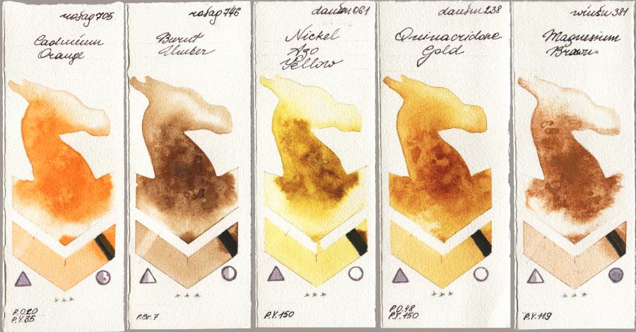 Rosa Gallery 705 Cadmium Orange vs 746 Burnt Umber vs Daniel Smith 061 Nickel Azo Yellow vs 238 Quinacridone Gold vs Winsor & Newton Professional 381 Magnesuim Brown watercolor swatch