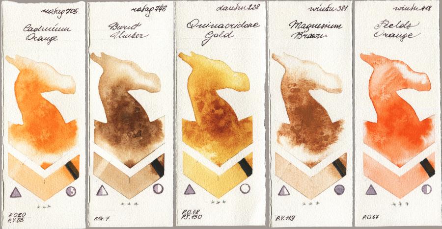 Rosa Gallery 705 Cadmium Orange vs 746 Burnt Umber vs Daniel Smith 238 Quinacridone Gold vs Winsor & Newton Professional 381 Magnesuim Brown vs 418 Fields Orange watercolor swatch