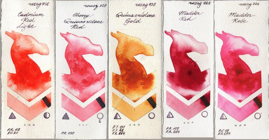 Rosa Gallery 706 Cadmium Red Light vs Roman Szmal Aquarius 329 Cherry Quinacridone Red vs 735 Quinacridone Gold vs 725 Madder Red vs 726 Madder Rose watercolor swatch