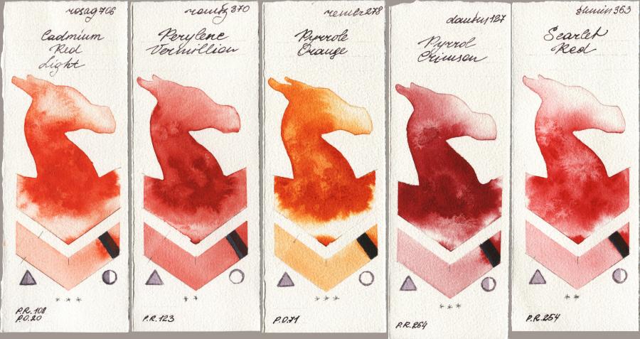 Rosa Gallery 706 Cadmium Red Light vs Roman Szmal Aquarius 370 Perylene Vermillion vs Royal Talens Rembrandt Watercolour 278 Pyrrole Orange vs Daniel Smith 127 Pyrrol Crimson vs Shminke Horadam Aquarell 363 Scarlet Red watercolor swatch