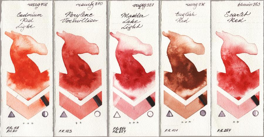 Rosa Gallery 706 Cadmium Red Light vs Roman Szmal Aquarius 370 Perylene Vermillion vs Royal Talens Van Gogh Watercolour 327 Madder Lake Light vs 736 English Red vs Shminke Horadam Aquarell 363 Scarlet Red watercolor swatch