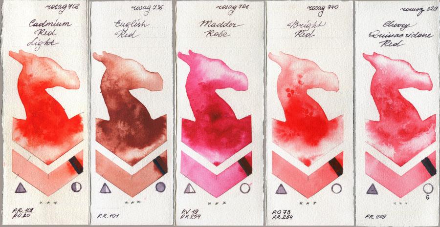 Rosa Gallery 706 Cadmium Red Light vs 736 English Red vs 726 Madder Rose vs 740 Bright Red vs Roman Szmal Aquarius 329 Cherry Quinacridone Red watercolor swatch