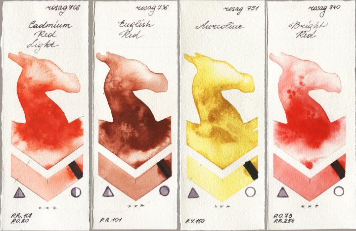 Rosa Gallery 706 Cadmium Red Light vs 736 English Red vs 751 Aureoline vs 740 Bright Red watercolor swatch