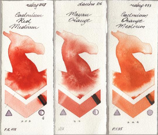 Rosa Gallery 707 Cadmium Red Medium, Daniel Smith 216 Mayan Orange, 773 Cadmium Orange Medi watercolor swatch