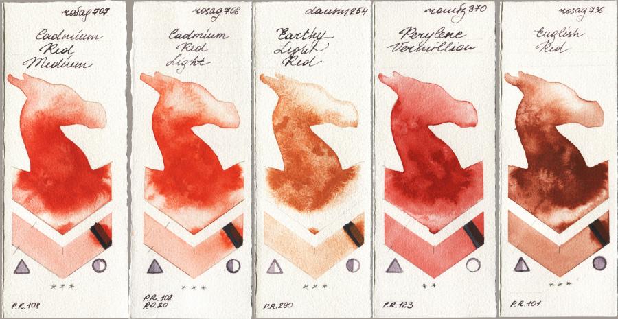 Rosa Gallery 707 Cadmium Red Medium vs 706 Cadmium Red Light vs Daniel Smith 254 Earthy Light Red vs Roman Szmal Aquarius 370 Perylene Vermillion vs 736 English Red watercolor swatch