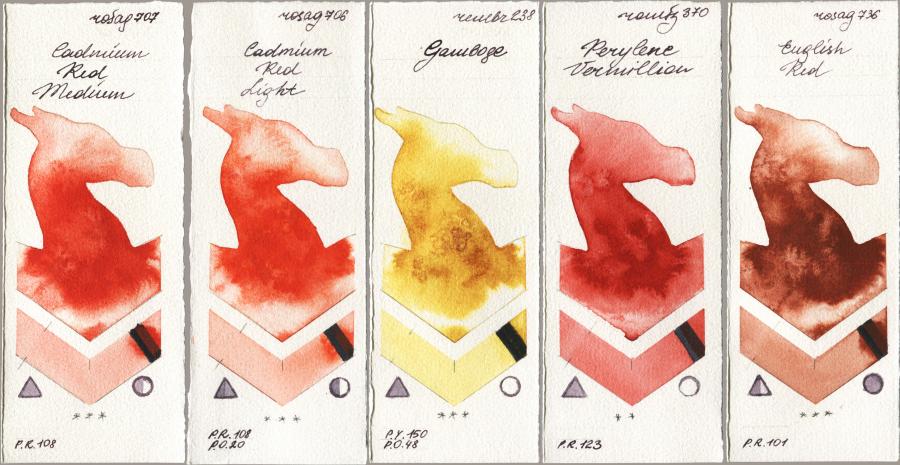 Rosa Gallery 707 Cadmium Red Medium vs 706 Cadmium Red Light vs Royal Talens Rembrandt Watercolour 238 Gamboge vs Roman Szmal Aquarius 370 Perylene Vermillion vs 736 English Red watercolor swatch