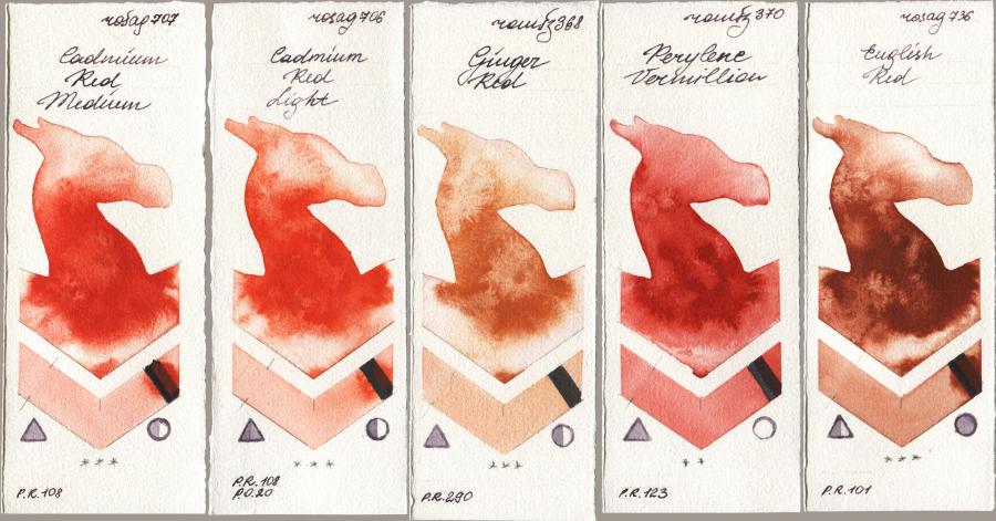 Rosa Gallery 707 Cadmium Red Medium vs 706 Cadmium Red Light vs Roman Szmal Aquarius 368 Genger Red vs 370 Perylene Vermillion vs 736 English Red watercolor swatch