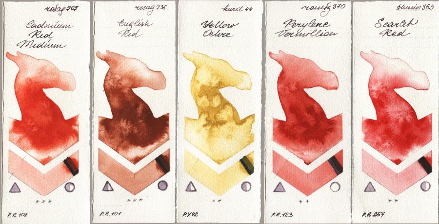 Rosa Gallery 707 Cadmium Red Medium vs 736 English Red vs Kuretake Gansai Tambi 044 Yellow Ochre vs Roman Szmal Aquarius 370 Perylene Vermillion vs Shminke Horadam Aquarell 363 Scarlet Red watercolor swatch