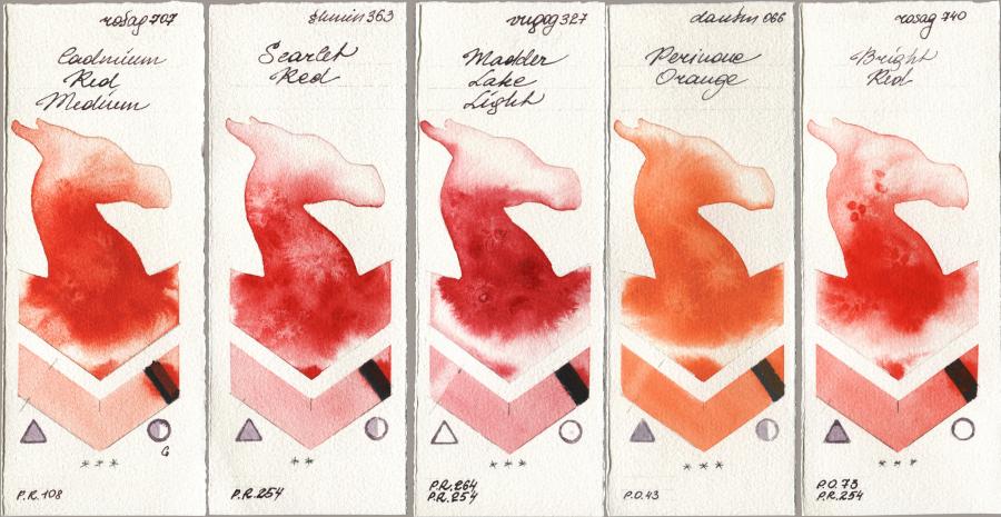 Rosa Gallery 707 Cadmium Red Medium, Shminke Horadam Aquarell 363 Scarlet Red, Royal Talens Van Gogh Watercolour 327 Madder Lake Light, Daniel Smith 066 Perinone Orange, 740 Bright R watercolor swatch
