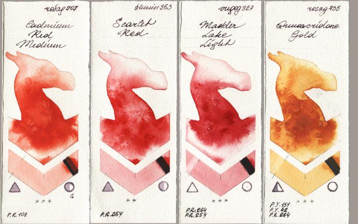 Rosa Gallery 707 Cadmium Red Medium, Shminke Horadam Aquarell 363 Scarlet Red, Royal Talens Van Gogh Watercolour 327 Madder Lake Light, 735 Quinacridone Go watercolor swatch