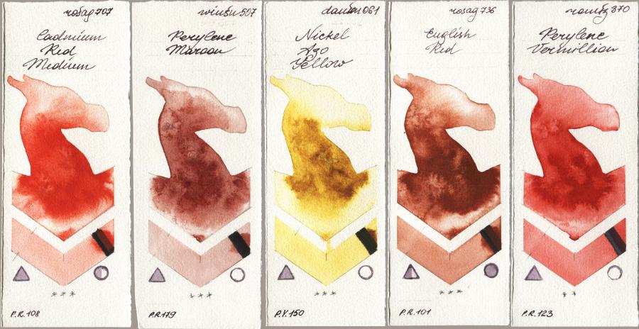 Rosa Gallery 707 Cadmium Red Medium vs Winsor & Newton Professional 507 Perylene Maroon vs Daniel Smith 061 Nickel Azo Yellow vs 736 English Red vs Roman Szmal Aquarius 370 Perylene Vermillion watercolor swatch