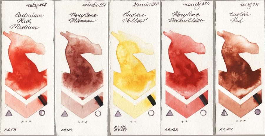 Rosa Gallery 707 Cadmium Red Medium vs Winsor & Newton Professional 507 Perylene Maroon vs Shminke Horadam Aquarell 220 Indian Yellow vs Roman Szmal Aquarius 370 Perylene Vermillion vs 736 English Red watercolor swatch