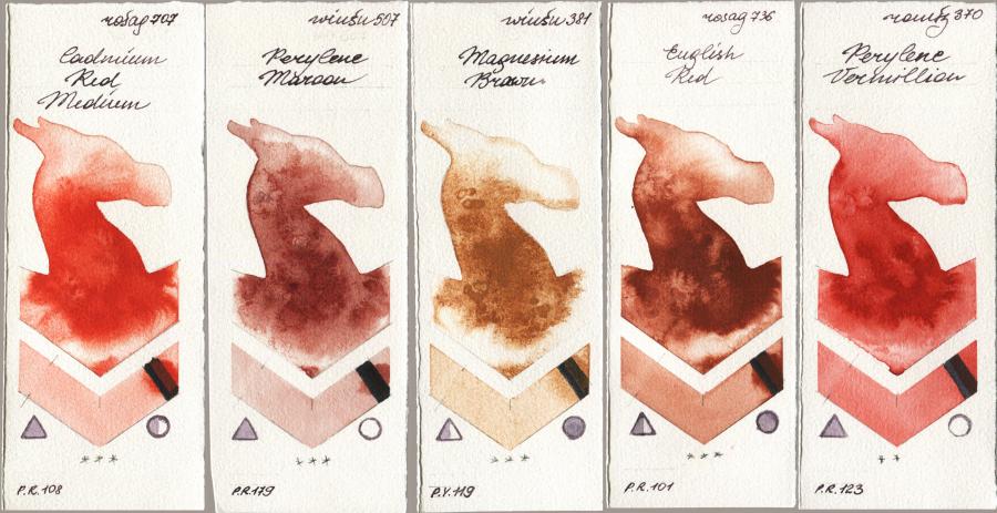Rosa Gallery 707 Cadmium Red Medium vs Winsor & Newton Professional 507 Perylene Maroon vs 381 Magnesuim Brown vs 736 English Red vs Roman Szmal Aquarius 370 Perylene Vermillion watercolor swatch