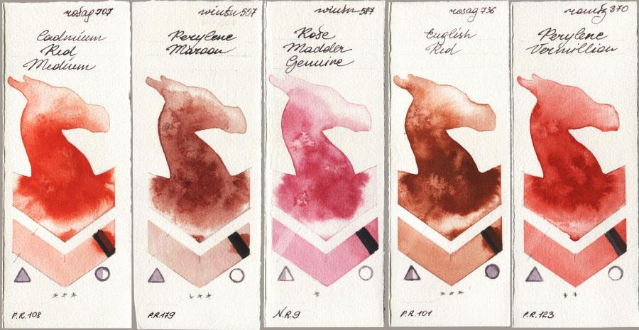 Rosa Gallery 707 Cadmium Red Medium vs Winsor & Newton Professional 507 Perylene Maroon vs 587 Rose Madder Genuine vs 736 English Red vs Roman Szmal Aquarius 370 Perylene Vermillion watercolor swatch