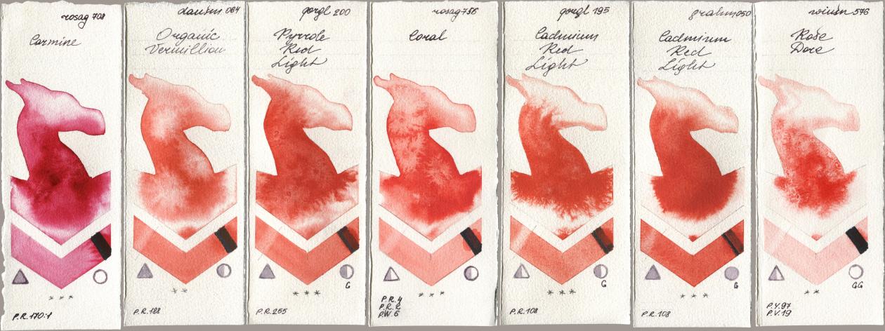 Rosa Gallery 708 Carmine, Daniel Smith 064 Organic Vermilion, Golden QOR 200 Pyrrole Red Light, 756 Coral, 195 Cadmium Red Light, M. Graham & Co. Artists 050 Cadmium Red Light, Winsor & Newton Professional 576 Rose Do watercolor swatch