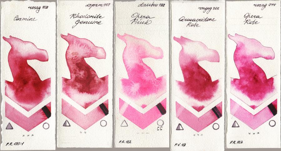 Rosa Gallery 708 Carmine, Daniel Smith 167 Rhodonite Genuine, 198 Opera Pink, Royal Talens Van Gogh Watercolour 366 Quinacridone Rose, 744 Opera Ro watercolor swatch
