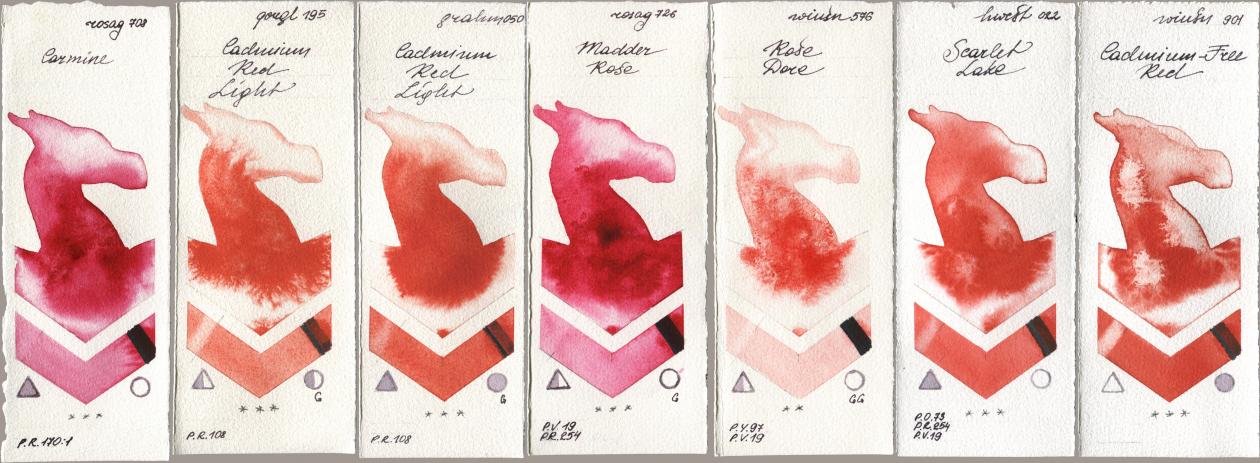 Rosa Gallery 708 Carmine, Golden QOR 195 Cadmium Red Light, M. Graham & Co. Artists 050 Cadmium Red Light, 726 Madder Rose, Winsor & Newton Professional 576 Rose Dore, Holbein Artists Watercolor 022 Scarlet Lake, 901 Cadmium-Free R watercolor swatch
