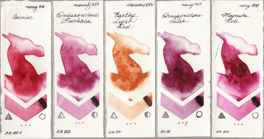 Rosa Gallery 708 Carmine vs Roman Szmal Aquarius 358 Quinacridone Fuchsia vs Daniel Smith 254 Earthy Light Red vs 727 Quinacridone Lilac vs 709 Magenta Rose watercolor swatch