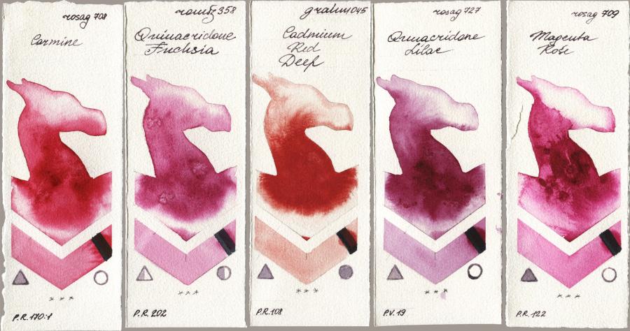 Rosa Gallery 708 Carmine vs Roman Szmal Aquarius 358 Quinacridone Fuchsia vs M. Graham & Co. Artists 045 Cadmium Red Deep vs 727 Quinacridone Lilac vs 709 Magenta Rose watercolor swatch