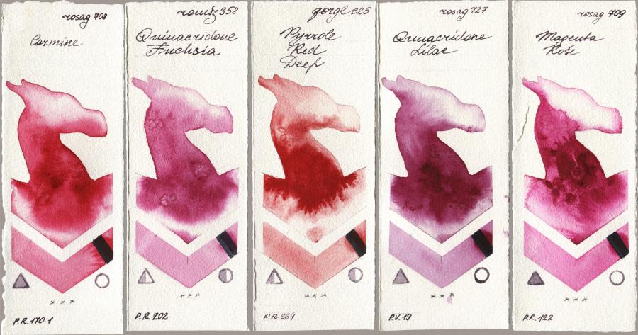 Rosa Gallery 708 Carmine vs Roman Szmal Aquarius 358 Quinacridone Fuchsia vs Golden QOR 225 Pyrrole Red Deep vs 727 Quinacridone Lilac vs 709 Magenta Rose watercolor swatch