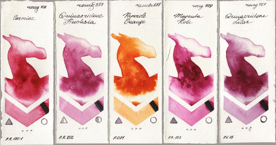 Rosa Gallery 708 Carmine vs Roman Szmal Aquarius 358 Quinacridone Fuchsia vs Royal Talens Rembrandt Watercolour 278 Pyrrole Orange vs 709 Magenta Rose vs 727 Quinacridone Lilac watercolor swatch