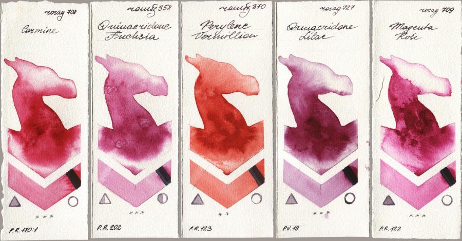 Rosa Gallery 708 Carmine vs Roman Szmal Aquarius 358 Quinacridone Fuchsia vs 370 Perylene Vermillion vs 727 Quinacridone Lilac vs 709 Magenta Rose watercolor swatch