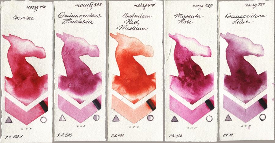 Rosa Gallery 708 Carmine vs Roman Szmal Aquarius 358 Quinacridone Fuchsia vs 707 Cadmium Red Medium vs 709 Magenta Rose vs 727 Quinacridone Lilac watercolor swatch