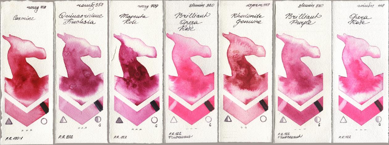 Rosa Gallery 708 Carmine, Roman Szmal Aquarius 358 Quinacridone Fuchsia, 709 Magenta Rose, Shminke Horadam Aquarell 920 Brilliant Opera Rose, Daniel Smith 167 Rhodonite Genuine, 930 Brilliant Purple, Winsor & Newton Professional 448 Opera Ro watercolor swatch
