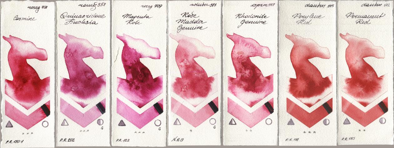Rosa Gallery 708 Carmine, Roman Szmal Aquarius 358 Quinacridone Fuchsia, 709 Magenta Rose, Winsor & Newton Professional 587 Rose Madder Genuine, Daniel Smith 167 Rhodonite Genuine, 075 Perylene Red, 072 Permanent R watercolor swatch