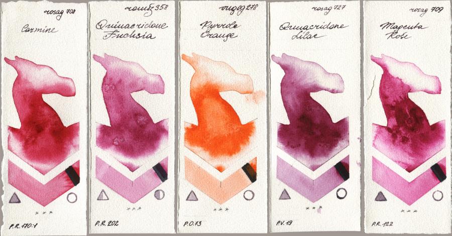 Rosa Gallery 708 Carmine vs Roman Szmal Aquarius 358 Quinacridone Fuchsia vs Royal Talens Van Gogh Watercolour 278 Pyrrole Orange vs 727 Quinacridone Lilac vs 709 Magenta Rose watercolor swatch