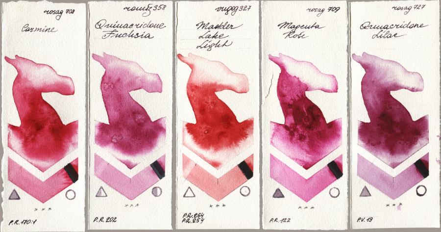 Rosa Gallery 708 Carmine vs Roman Szmal Aquarius 358 Quinacridone Fuchsia vs Royal Talens Van Gogh Watercolour 327 Madder Lake Light vs 709 Magenta Rose vs 727 Quinacridone Lilac watercolor swatch