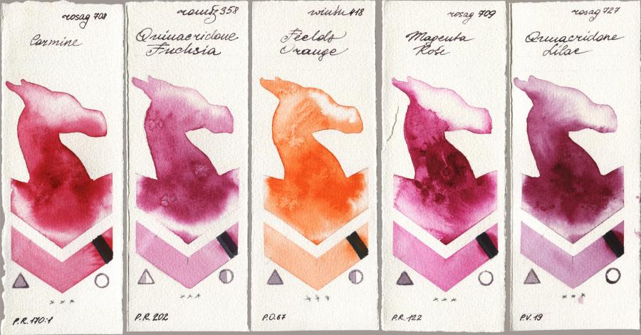 Rosa Gallery 708 Carmine vs Roman Szmal Aquarius 358 Quinacridone Fuchsia vs Winsor & Newton Professional 418 Fields Orange vs 709 Magenta Rose vs 727 Quinacridone Lilac watercolor swatch